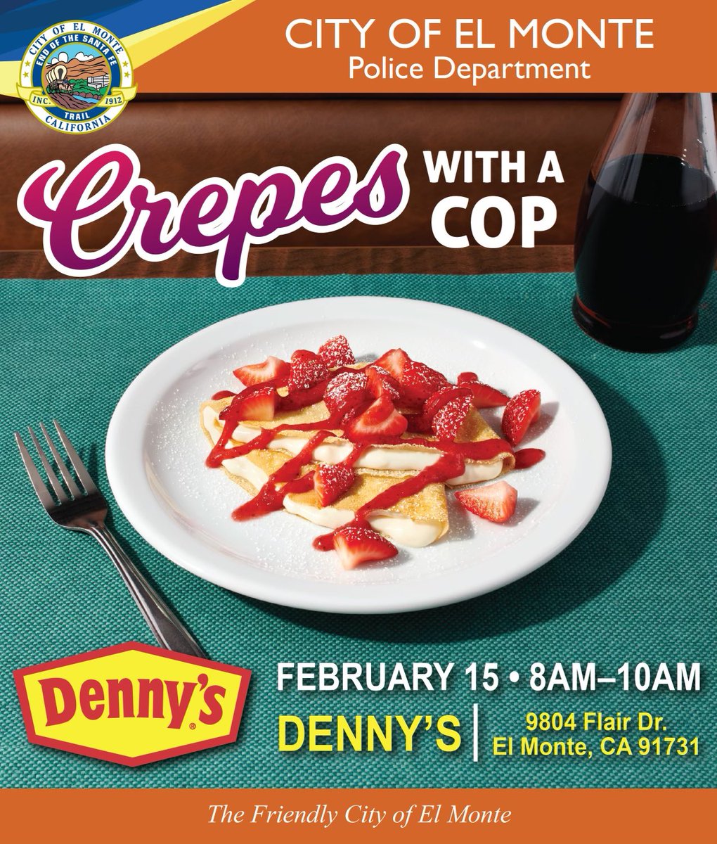 Please join us Thursday, February 15, from 8-10 am for Crepes 🤤 with a Cop <a href="/DennysDiner/">Denny’s</a>.
We encourage everyone to attend these casual settings as it allows us to meet &amp; converse with one another helping build trust, understanding, &amp; open communication. We can't wait to see you!