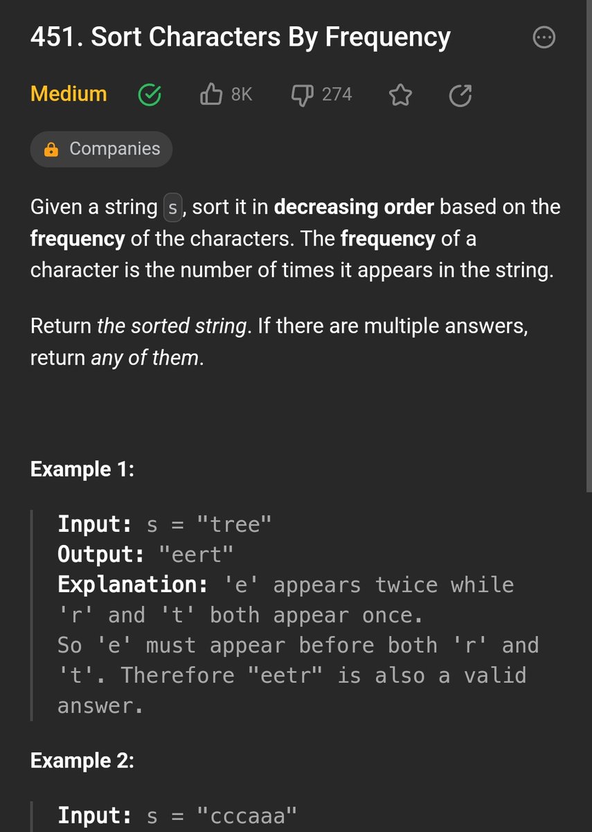 ArpitDa40708266's tweet photo. Day 71
Solved: Sort character by frequency problem on Leetcode 
#100DaysOfCode #SoftwareEngineering #softwaredevelopment #SoftwareEngineer #webdevelopment #leetcode https://t.co/SPNECiq3uU