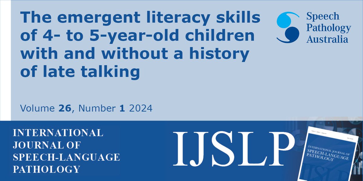 Also in Vol 26 Issue 1 is "The emergent literacy skills of 4- to 5-year-old children with and without a history of late talking" by <a href="/rosiehodgesSLP/">RosieHodges</a> <a href="/DrEliseBaker/">Elise Baker</a> <a href="/NatalieMunro3/">Prof Natalie Munro</a> &amp; <a href="/SarahMasso/">Sarah Masso</a> <a href="/IJSLP/">International Journal of Speech-Language Pathology</a> #slpeeps tandfonline.com/doi/full/10.10…