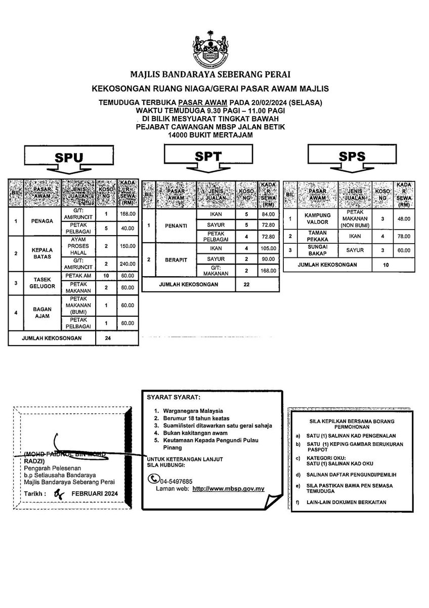 mbsp_pg's tweet photo. IKLAN KEKOSONGAN RUANG NIAGA/GERAI PASAR AWAM DAN KOMPLEKS MAKANAN MBSP BULAN FEBRUARI 2024 https://t.co/tWYOGFCktQ