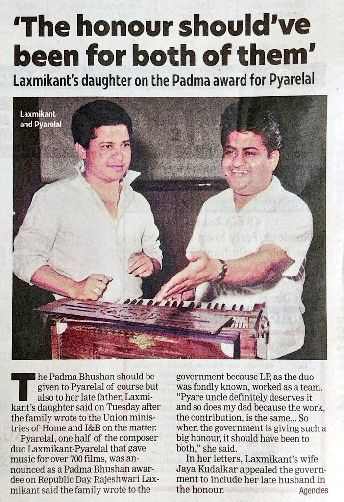 Shankar (of #ShankarJaikishan fame) was nominated alone for #PadmaShri Award in the late 1960s.
He refused the honour unless his musical partner Jaikishan got it alongside him.
The govt. agreed & both of them got it in 1968.

#LaxmikantPyarelal #Bollywood #MusicComposers #दोस्ती