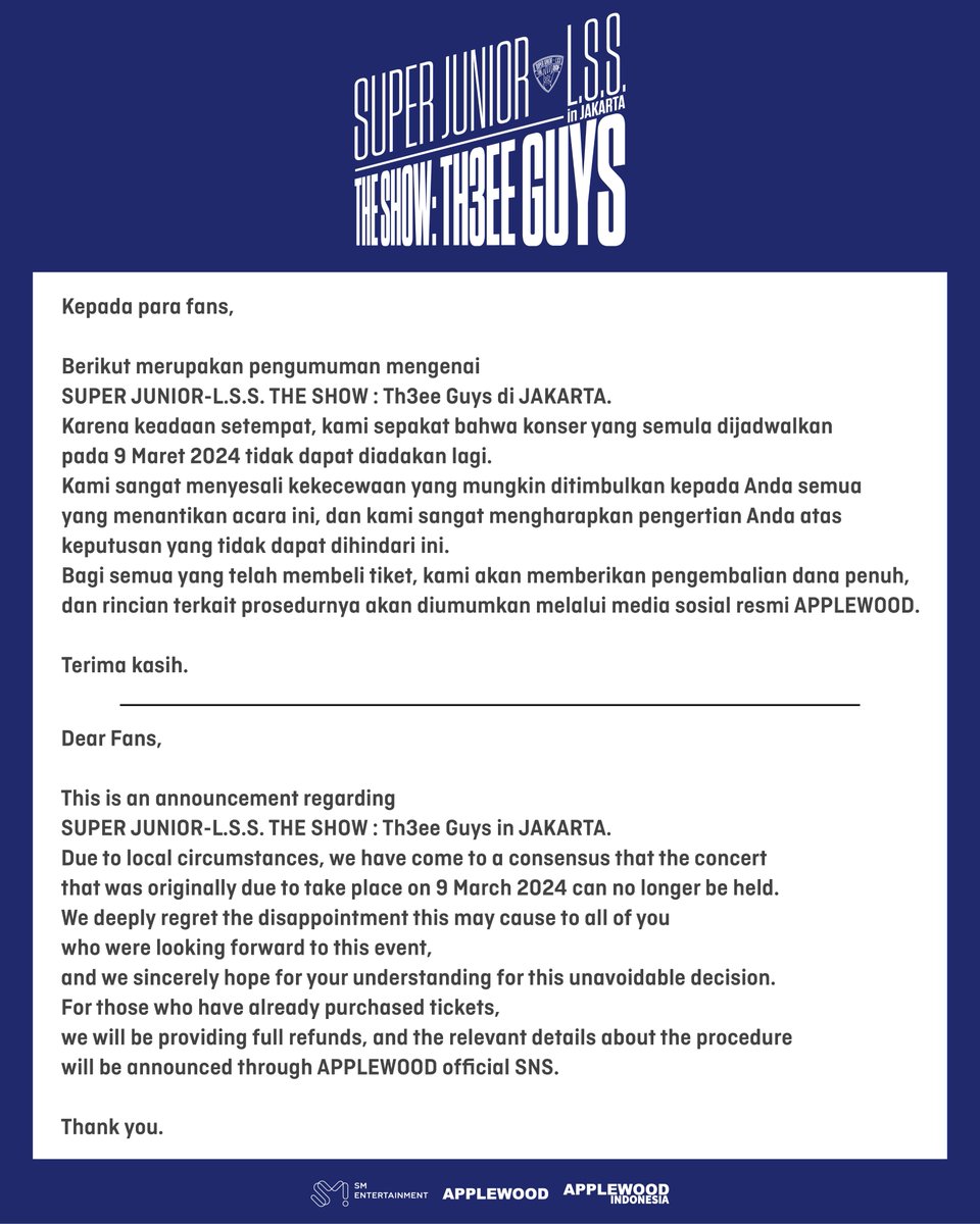 applewood_kr's tweet photo. SUPER JUNIOR-L.S.S. THE SHOW : Th3ee Guys in JAKARTA
[CANCELLATION ANNOUNCEMENT]

#슈퍼주니어 #SUPERJUNIOR #이특 #LEETEUK #신동 #SHINDONG #시원 #SIWON #TheShow_Th3eeGuys #APPLEWOOD #APPLEWOODINDONESIA https://t.co/5UZ6rcngba