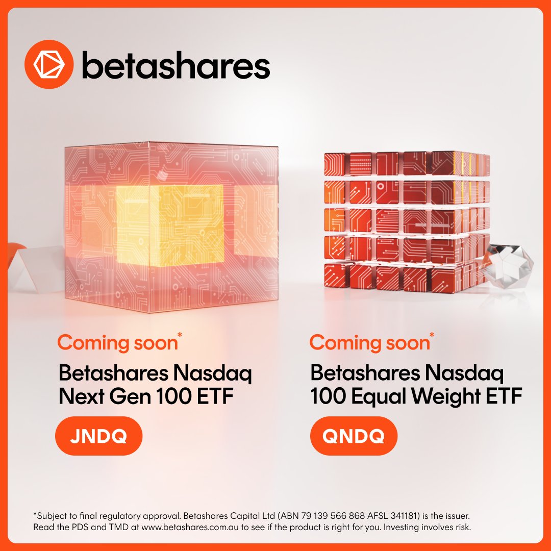 COMING SOON: Two new Nasdaq ETFs We are expanding our range of Nasdaq ETFs with the imminent launch of Betashares Nasdaq Next Gen 100 ETF (JNDQ) and Betashares Nasdaq 100 Equal Weight ETF (QNDQ). Register your interest: bit.ly/3Oxzopa