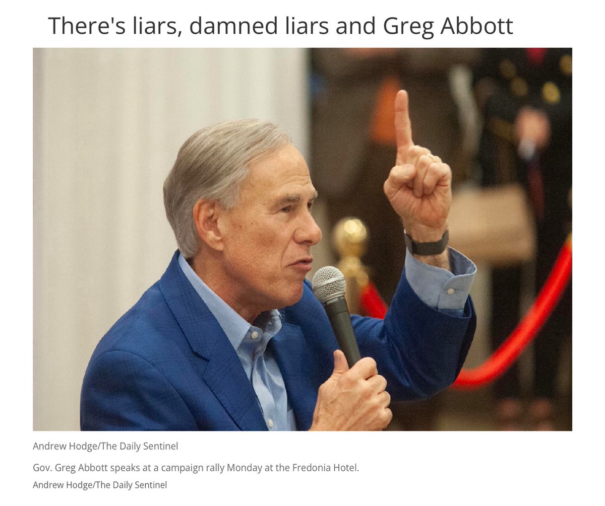 Abbott rallied in Nacogdoches on Tuesday with the opponent to Rep Travis Clardy. He told the crowd that Rep Clardy voted to kill pay raises for teachers. As the Daily Sentinel pointed out that is a lie. DS: “Abbott knows that’s not what happened. Lawmakers never took a vote on