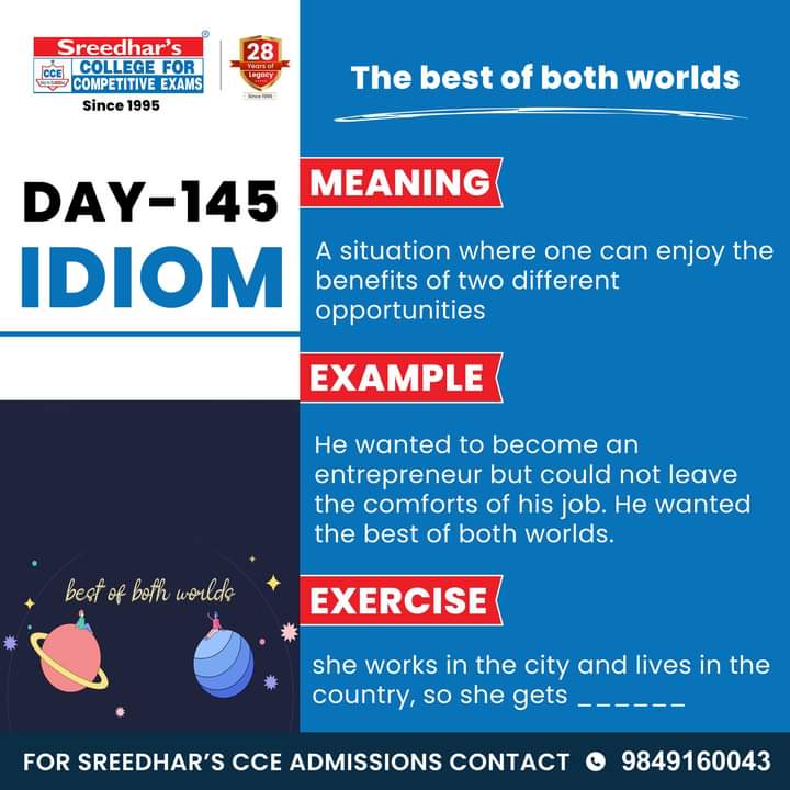 Daily One Idiom 💯
Join Sreedhar's CCE Institute
For Admissions, Reach out at 9849160043

#sreedharscce #idiom #idioms #english #vocabulary #learnenglish #grammer #englishgrammer #speakenglish #proverbe #dailyoneidiom #englishpartner #bankingenglishvocabulary #banking