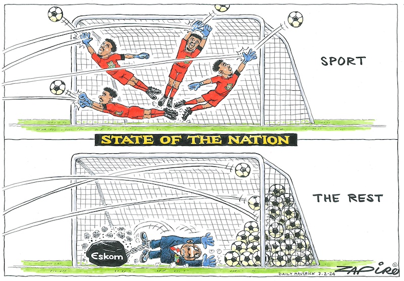 zapiro's tweet photo. Zapiro cartoon published @dailymaverick (7 February 2024) on State of the nation @BafanaBafana @afcon2024 @CyrilRamaphosa @PresidencyZA  - https://t.co/eSpWIcdM1L https://t.co/4TOcqa4yoB