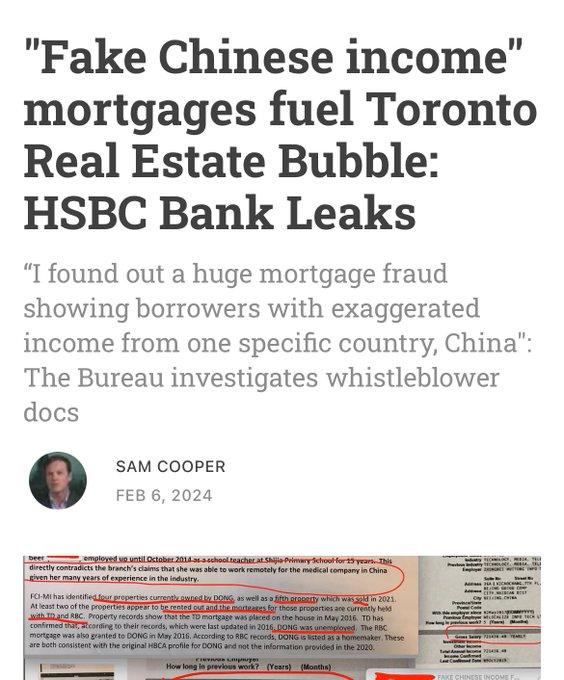 WallStreetMav's tweet photo. HSBC Whistleblower Claims Billions in Fraudulent Loans made to Chinese Citizens to purchase homes in Canada 🚨

These wire transfers from China were routed into bank accounts of “multiple, unrelated individuals in Canada,” that served as “money mules” in byzantine networks involving Canada-based real estate developers, real estate agents, mortgage brokers and banks.
