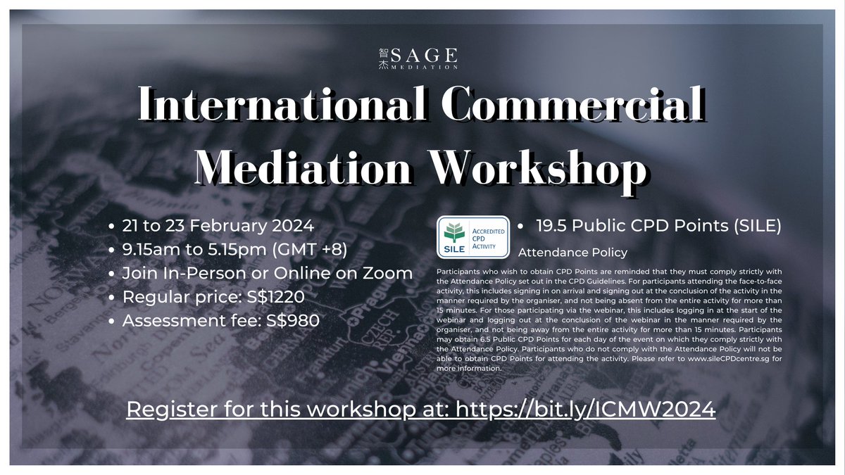 SageMediation's tweet photo. Ready to level up your mediation game? The International Commercial Mediation Workshop is just 2 weeks away. 

Don't miss the chance – sign up now!
Register here: https://t.co/IpLvRQYfQr

#mediation #internationalmediation #disputeresolution #alternativedisputeresolution https://t.co/DJ7hXQfCcU