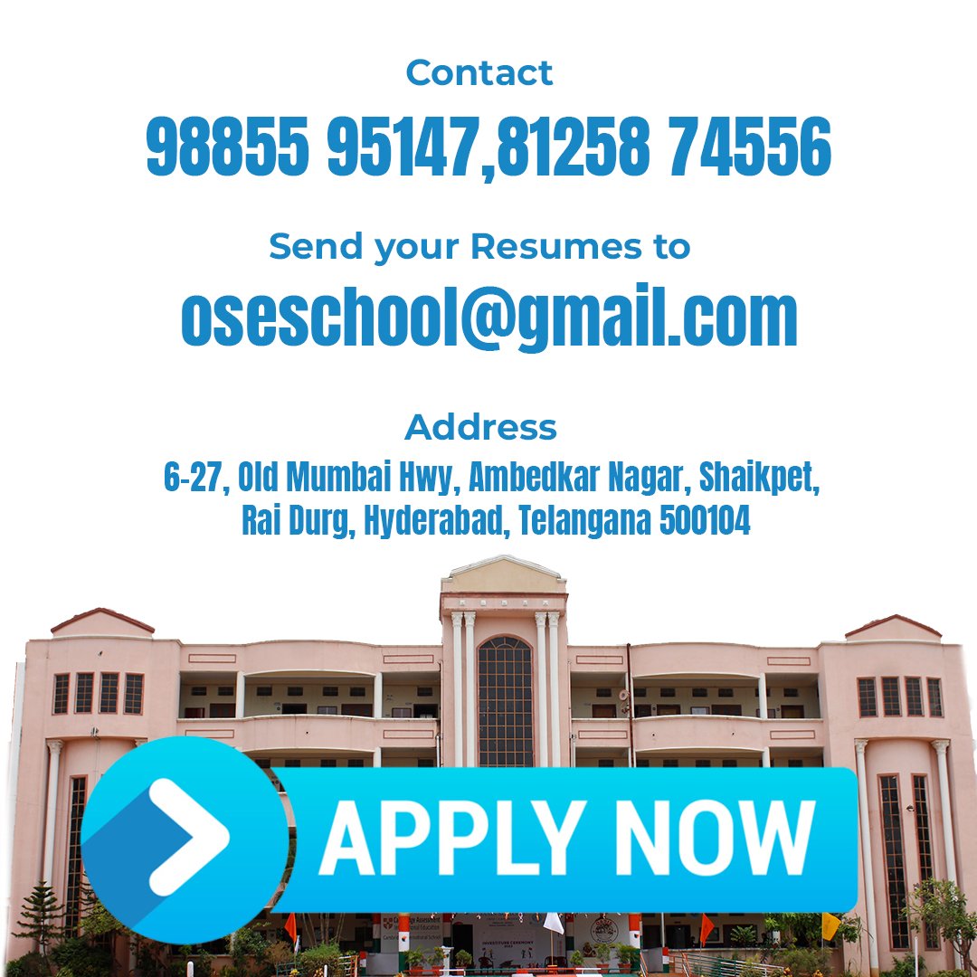 Exciting opportunities await at OasisSchool Raidurg! We're seeking talented individuals for various teaching and non-teaching positions. Send your resumes to oseschool@gmail.com to join our passionate team! #JobOpening #TeachingJobs #NonTeachingJobs #NowHiring #OasisSchoolRaidurg