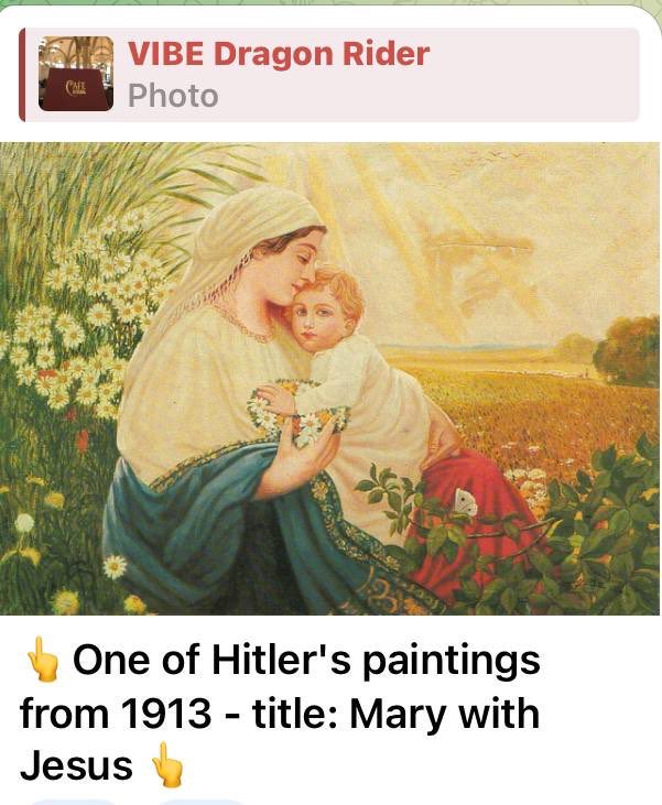 Nancy023922191's tweet photo. Interesting. We associate Hitler as a murderous Nazi yet this is his painting of Mary and Jesus. What’s the truth. https://t.co/c1sAWc7jzX