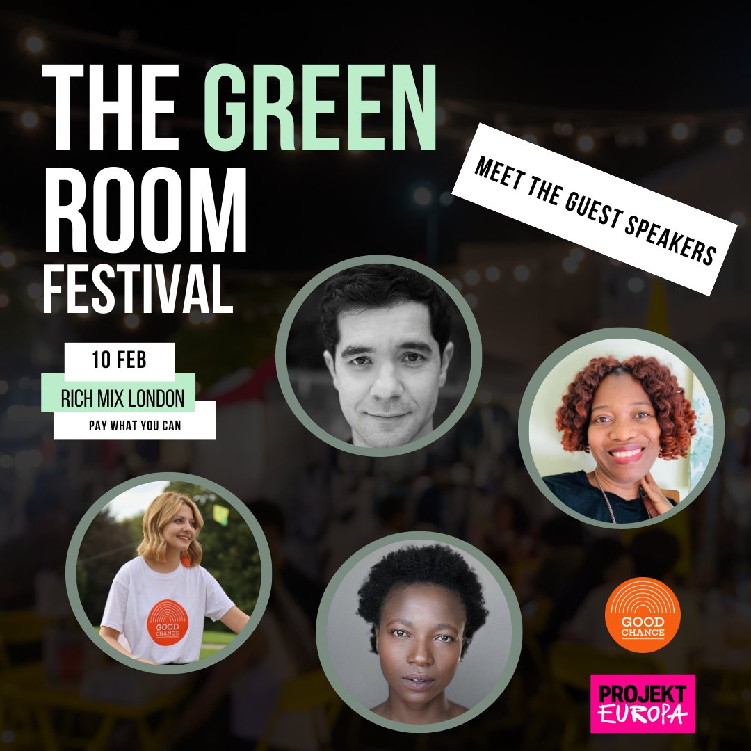 Meet our guest speakers for the daytime part of our festival! Green Room artists Hossein Mirzagholi and Mahshid Alavizadeh will be joined by Drum roll... 🥁 Bridget Banda - @PlayForProgress Şule Karakus - @GoodChanceCal Rudzani Moleya & Gustavo Dias-Vallejo - @ProjektEuropa