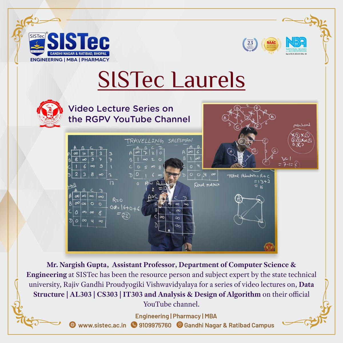SagarCollege's tweet image. Hearty #congratulations to Mr. Nargish Gupta, SISTec for being the resource person and subject expert by, #RGPV for a series of #videolectures on Data Structure and Analysis & Design of Algorithm on their YouTube channel.
youtube.com/playlist?list=…
youtube.com/playlist?list=…