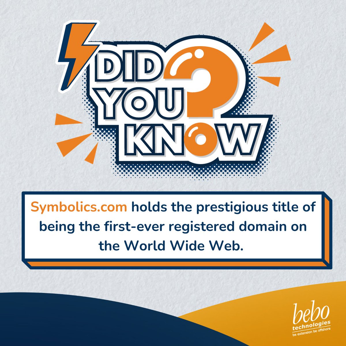 bebotechchd's tweet photo. Unveiling the past - https://t.co/7an6WFDlGe, the first-ever domain on the World Wide Web and stepping into the future with bebo Technologies, where technology is a legacy and a leap forward.
#DidYouKnow #Symbolics #FirstDomain #InnovateWithbebo #beboTechnologies https://t.co/s8LbP8fj5I