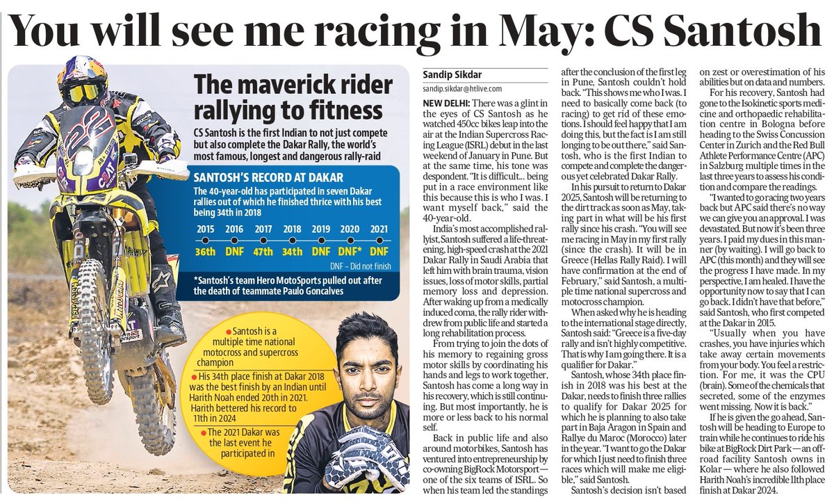 CS Santosh suffered a life threatening crash at the 2021 #DakarRally that left him with brain trauma, vision issues, loss of motor skills, partial memory loss & depression. For the 1st time in three years, we will see him back on the dirt track now ✍️ hindustantimes.com/sports/others/…