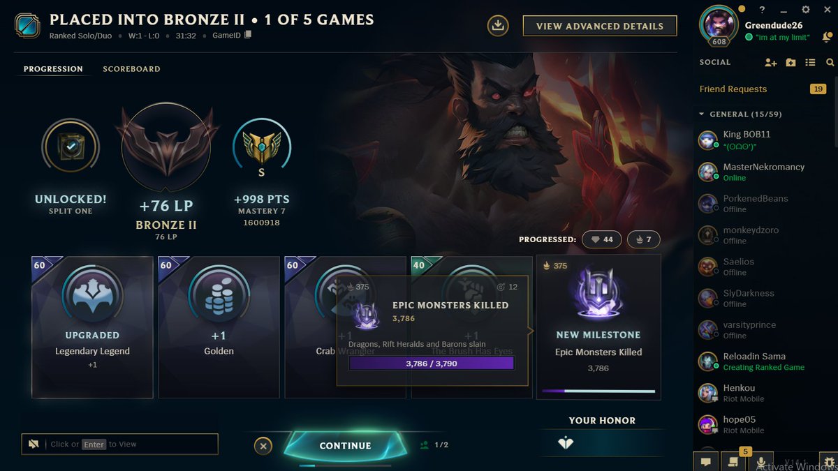 Greendude55526's tweet photo. I FUCKING DID IT! FROM BRONZE 2 TO EMERALD 4 IN 4 WEEKS HIGHEST IVE EVER BEEN!!! ONWARD TO DIAMOND!!! #LeagueOfLegends #FUCKYOURIOTTRYINGTOHOLDMEDOWN https://t.co/PQFBPKIiGE