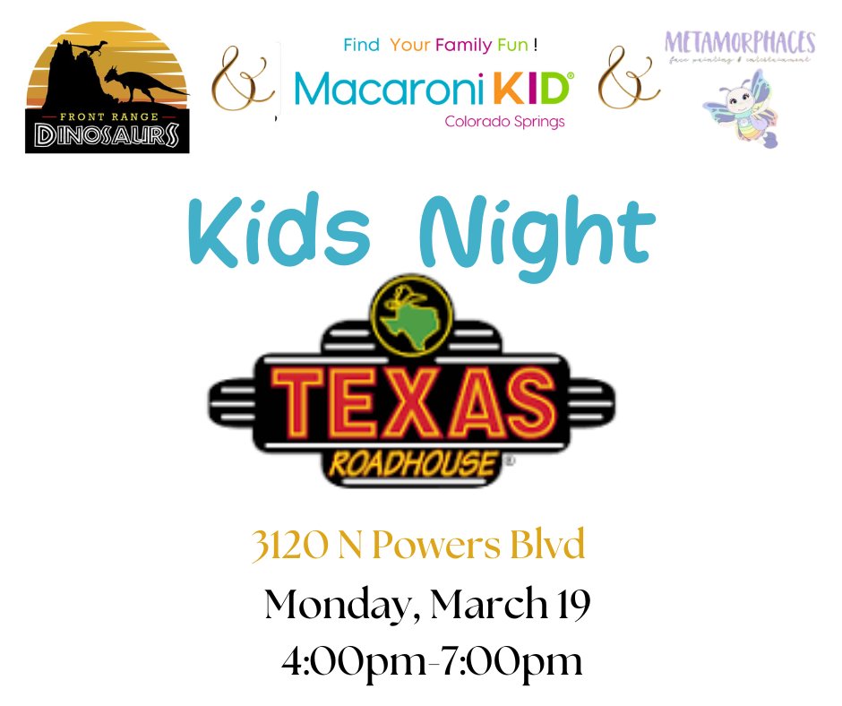 MacKidCoSprings's tweet photo. Join us for a fun evening! Don't miss your chance to spin the Macaroni KID wheel of amazing prizes &amp; face painting by the incredibly talented Metamorphaces. 
Special Guest, Front Range Dinosaurs!  Be among the first to lay eyes on the newest addition to the Dino family — Cyrus 🦕 https://t.co/TofCqGhtf1