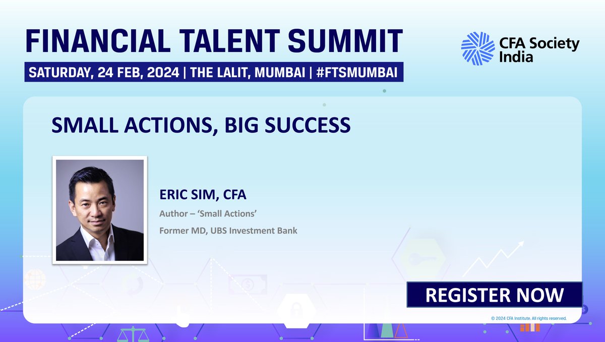 The ‘small actions’ you take today can put you on the path to big #career success tomorrow. <a href="/ericsim_iol/">Eric Sim</a> CFA, celebrated speaker, will show us how. Attend the 5th Financial Talent Summit, Mumbai on 24 February 2024. #FTSMumbai
Register today! - cfasocietyindia.org/events/5th-fin…