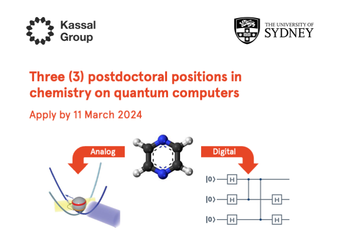 🚨 Job alert! 🚨 Three (!) postdoctoral positions in quantum computing for chemistry Total package: $119k – $148k p.a. for up to 4 years Some details below; apply by 11 March here: tinyurl.com/yck44d43