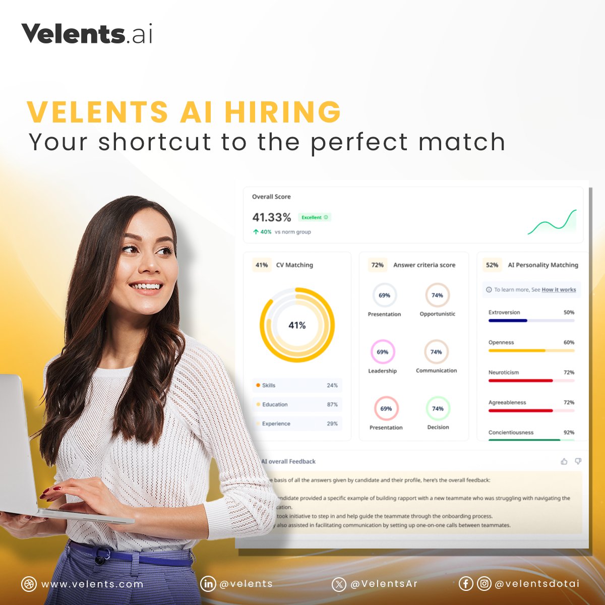 Don't waste another minute on endless hiring tasks! Velents #AI Hiring: Your shortcut to more time, higher productivity, hitting every deadline and hiring the perfect candidate!

Try it Now for FREE:
🔗 bit.ly/3rLFlqo

#AIinHiring #HR #Recruitment