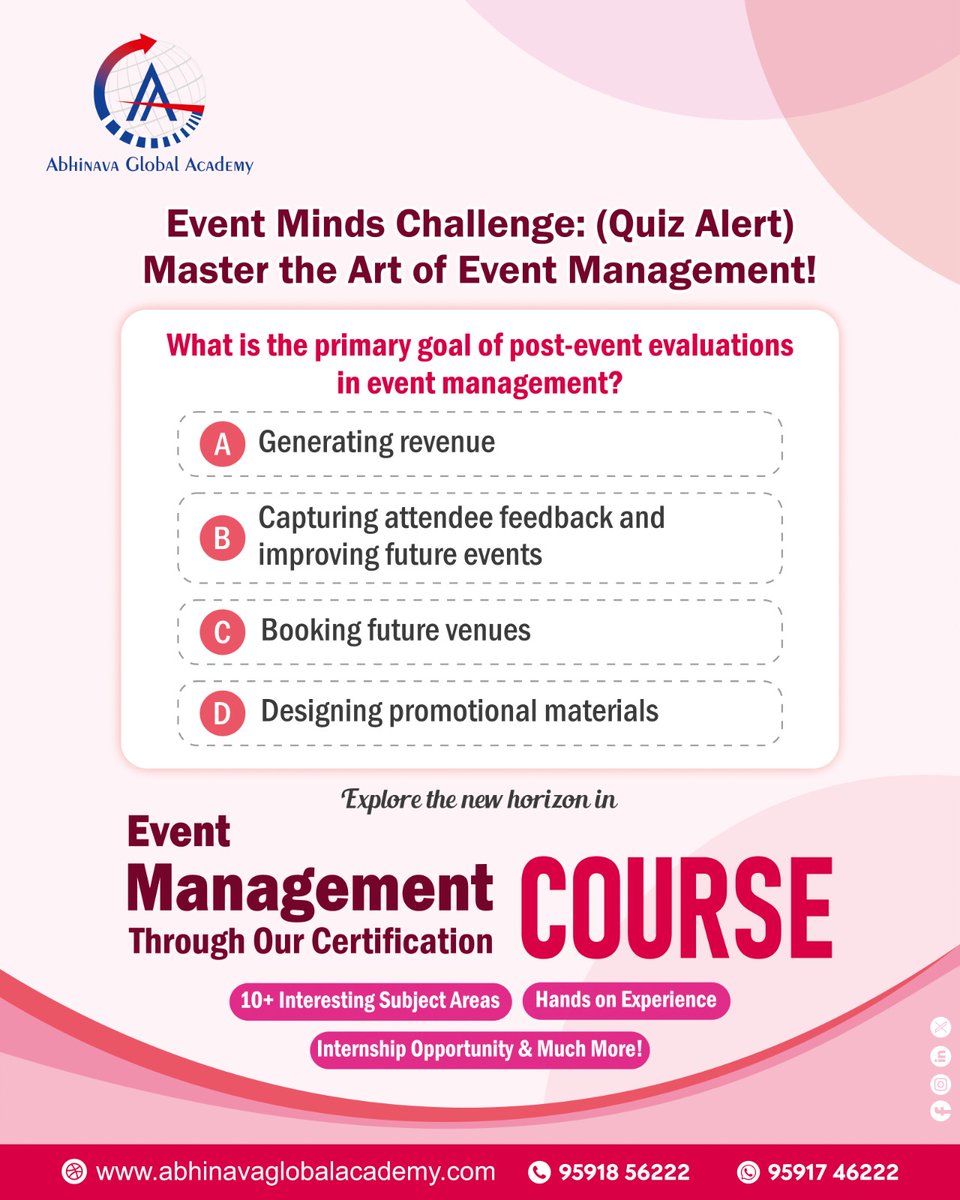 AbhinavaGlobal's tweet photo. Join our #EventMinds Challenge! Test your event management skills, from timelines to industry acronyms. Whether you're a seasoned planner or new, this quiz is engaging and enlightening. Dare to take the challenge? ๐
#abhinavaglobalacademy #eventmanagement #eventplanning https://t.co/fCvX3ROImk