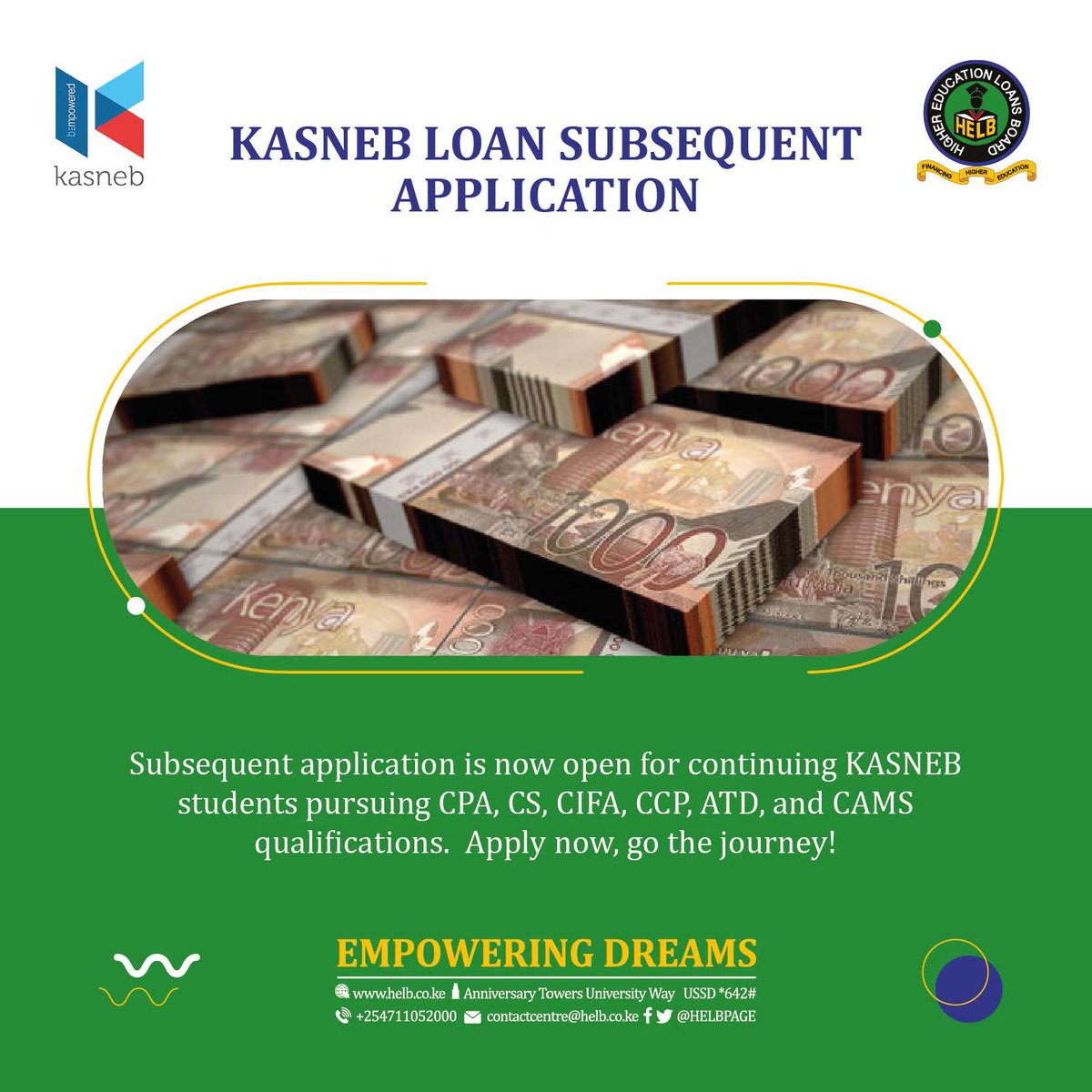 At just 6% pa and flexible repayment period of up to 60 months, the KASNEB foundation Loan makes your professional qualifications manageable. See requirements and apply: shorturl.at/FMSZ6 #KASNEBApplication