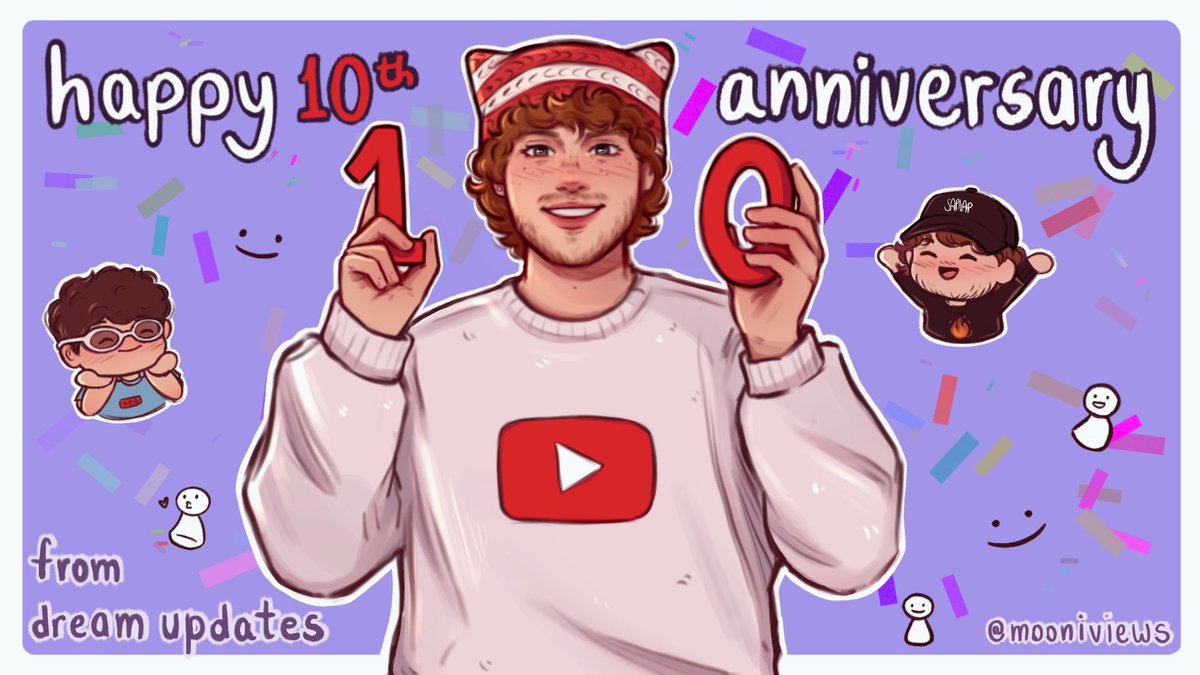 DWT_UPDATES's tweet image. Happy 10 Years on Youtube Dream! ❤️

The creation of Dream’s channel changed many peoples lives and changed the course of content creation as we know it. 

Thank you to @mooniviews for creating this beautiful art for this special day 🤍