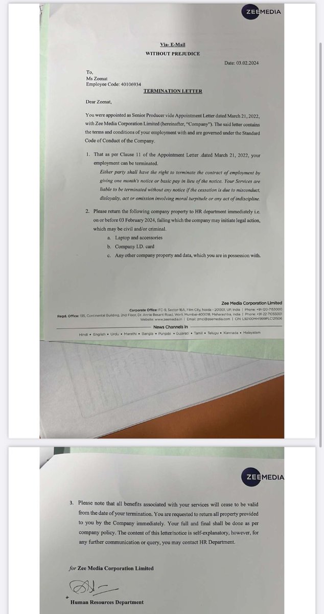 zsiddiqui990's tweet photo. ये मेरा UNLAWFUL TERMINATION ORDER जिसे मैं बिना किसी शर्म के आप लोगों के सामने रख रही हूं, अब ये जानिए ये मुझे दिया कैसे गया
मैं रोज़ की तरह ऑफिस गई, दिन शनिवार , जिस दिन 70 प्रतिशत STAFF/HR DEPARTMENT OFFICE नहीं आता ।
((-1-वक्त सुबह 10.20 मिनट, मेरी घेरेबंदी कर ज़बरदस्ती एक मीटिंग में ले जाया गया, मेरा सामान (बैग-मोबाइल) अपने कब्ज़ में ले लिए गए थे, मुझे एक कमरे में बंधक बना लिया गया था, न WASHROOM जाने की इजाज़त थी न अपनी मां से ही फोन पर बात करने की, घेरेबंदी ऐसी की कभी महिला गार्ड दिखती तो कभी मेरे पास से मुस्कुरा कर निकलता कोई आदमी, दहशत के मारे में मैं वापस जाने की ज़िद करने लगी, मुझे चाय दी गई मैनें नहीं पी, मुझे महिला गार्ड कहती है अरे मैडम पी लीजिए कुछ मिलाया नहीं है, मैं पी कर दिखाऊं, मैनें कहा दीदी आप पी लीजिए, मैं नहीं पीऊंगी, क्यों नहीं पीओगी, पीना पड़ेगा, नही मैनें नहीं पीना तो नहीं पीना, काफी देर बाद फिर बिस्किट लाए गए, कहा गया अरे सर ने भेजा है मैडम को बिल्किट खिलाओ।
((2-मेरी धड़कने तेज़ होने लगी थी, मैं रोने लगी, फिर अमित बंसल नाम का व्यक्ति आता है, मुझ से जितनी बत्तमीज़ी से बो बात कर सकता था उसने की, डराया-धमकाया-चिल्लाया-अपना रौब दिखाया, नौकरी से निकाल देने की धमकी दी, POSH की बहुत शिकायतों को निपटाने का दावा किया, मेरी कुर्सी के आस-पास घूमना चिल्लाना सब हो रहा था। मैनें मीटिंग का AGENDA पूछा नहीं बताया, मैनें उस से उसका नाम पूछा नहीं बताया, ख़ैर मैनें बाद में मालूम किया तो पता चला ((सिक्योरिटी डिपार्टमेंट का कोई हेड है))
((-मैं-उसे बार-बार अपनी POSH की शिकायत के बारे में बता रही थी, ICC ने कैसे काऩून की धज्जिया उड़ाई जांच के नाम पर कैसे एक-तरफा कारर्वाई की सब बताया, मुझ से जांच के नाम पर कैसे MISOGYNIST सवाल किए कमेटी ने वो बताया, नहीं सुनवाई हुई,
((-3-फिर ज़बरन मुझ से RESIGNATION पर साइन कराने की कोशिश हुई मैनें साइन नहीं किए और वहां से जाने के लिए उठी, मुझे ज़बरन रोकते हुए बोले तुम नहीं जा सकती, इसे TERMINATE करो, जानलेवा तरीके से मुझे बंधक बनाया हुआ था, मैं जाने के लिए फिर खड़ी हुई तो महिला गार्ड्स ने घेरा, मैं जैसे तैसे उस कमरे से बाहर निकली, अपने बैग की तरफ, मेरे सामान से छेड़खानी की गई, मैं बेसुध पहले खड़ी रही, और अचानक कांपते हुए बैठ गई, एक महिला गार्ड ने मुझे छुआ बोलीं मेडम आपका शरीर ठंडा पड़ चुका है, दूसरी महिला गार्ड कहतीं I-CARD दीजिए, इस दहशत भरे माहौल मे मेरे PERIODS शुरु हो चुके थे, मगर मेरी हालत कुछ बोलने की नहीं, मैं फफक-फफक कर रोने लगी और थोड़ी देर बाद सब घेर कर मुझे नीचे लाए, एक व्यक्ति पहले से लिफ्ट के पास लिफ्ट रोके खड़ा था।
(-4-मैं जैसे ही नीचे आई फिर बैठ गई, मेरा शरीर हरकत नहीं कर पा रहा था, मुझे एक-एक सांस लेने के लिए संघर्ष करना पड़ रहा था, एक महिला गार्ड को शायद मुझ पर दया आई, उन्होंने मेरा हाथ मला, इस पूरे घटनाक्रम में अमित बंसल नाम मेरे आसपास घूमता रहा, मैं थोड़ी सामान्य हुई तो जैसे-तैसे सब की घेरेबंदी में ही ऑफिस से बाहर निकली और गुप्ता चौक के पास एक पेड़ के नीचे बैठ गई। सोचिए जो हो रहा था वो मेरे परिवार को या मेरे किसी परिचित तक को नहीं पता था कि मैं किसी मीटिंग में हूं या क्या होने वाला है मेरे साथ।
((-5-मैनें बहुत कम में बताने की कोशिश की है, ये सब 2 घंटे से ज़्यादा तक चलता रहा, जैसे-तैसे मैं घर पहुंची पहले से HR HEAD POOJA DUGGAL के साइन से तैयार TERMINATION ORDERमेरे निजी EMAIL पर भेजा जा चुका था ये सब इसलिए किया गया ताकि आदतन लड़कियों को तंग करने वाले रमेश चंद्रा को बचाया जा सके, जैसे 2019 में भी बचाया गया था और पीड़िता को ही तरह तरह से यातनाएं दे कर TERMINATE कर दिया गया।
((-6-मैं सोमवार को फिर ऑफिस गई HR HEAD POOJA DUGGAL से मिलने और अपना निजी सामान लेने, कोई सहयोग नहीं मिला मैनें 112 पर कॉल की और फिर लिखित मे थाने में जाकर शिकायत दी, 5 फरवरी से अब तक FIR नहीं हुई है सोचिए ZEE NEWS का दवाब कितना ज़्यादा होगा पुलिस महकमे पर, अकूत संपत्ती और साम्राज्य के आगे मैं कहीं खड़ी नहीं हो पाऊंगी आप लोगों के सहयोग के बिना मेरी मदद कीजिए।
नोएडा पुलिस FIR दर्ज करो आरोपियों के खिलाफ
#Mediakajungalraj
#ToothlessPOSH