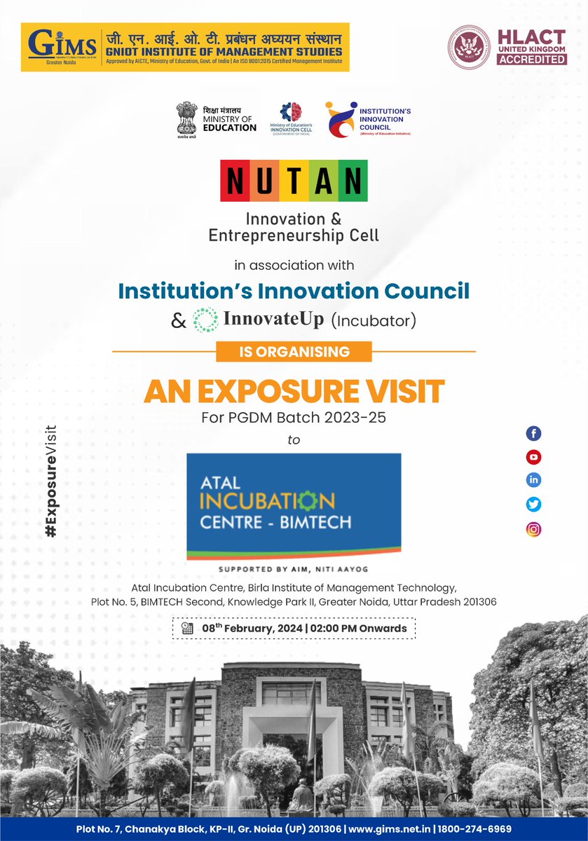 gims_net_in's tweet photo. Join GIMS, Greater Noida for an exposure visit to ATAL INCUBATION CENTRE-BIMTECH on February 8th. Witness innovation in action!

#NUTANClub #Incubators #Entrepreneurs #GIMS #GreaterNoida #GIMSians #PGDM #ExposureVisit #AtalIncubationCentre #Ideatoexecution https://t.co/WYaHvtZg4v