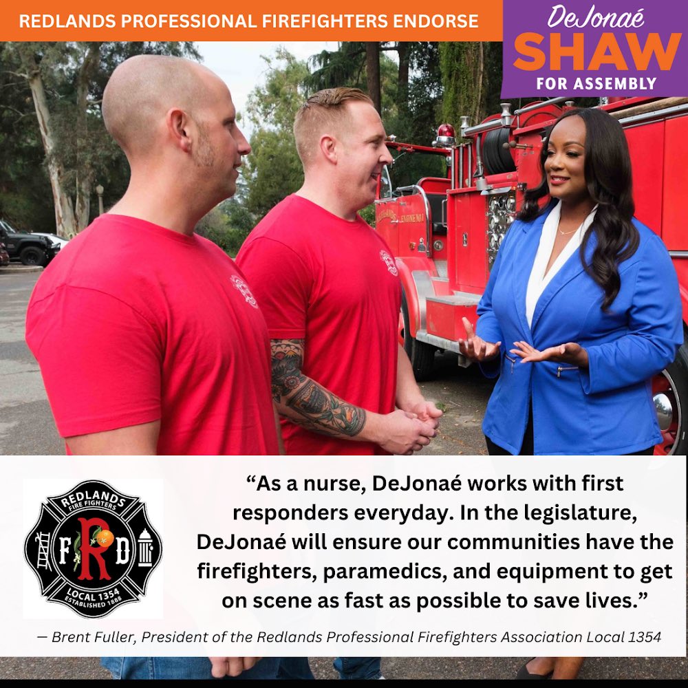 🚨ENDORSEMENT🚨I’m incredibly honored to have received the sole endorsement of the Redlands Professional Firefighters Association, Local 1354. #TogetherWeCan #ShawForAssembly #Redlands🍊