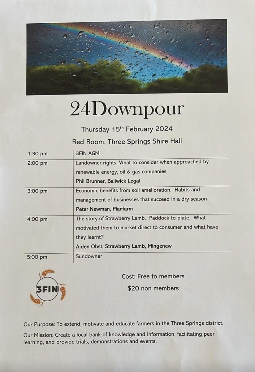 <a href="/3FINFINFIN/">3FIN</a> <a href="/chad_eva/">Chad Eva</a> <a href="/S_M_Bowman/">Scott Bowman</a> <a href="/AshleyBone8/">Ashley Bone</a> <a href="/NadineEva2/">Nadine Eva</a> 
<a href="/peterdnewman/">Peter Newman</a> 
Will be a good informative afternoon of great speakers and refreshments to bring in a 🤞promising new farm production year 24Downpour ☔️