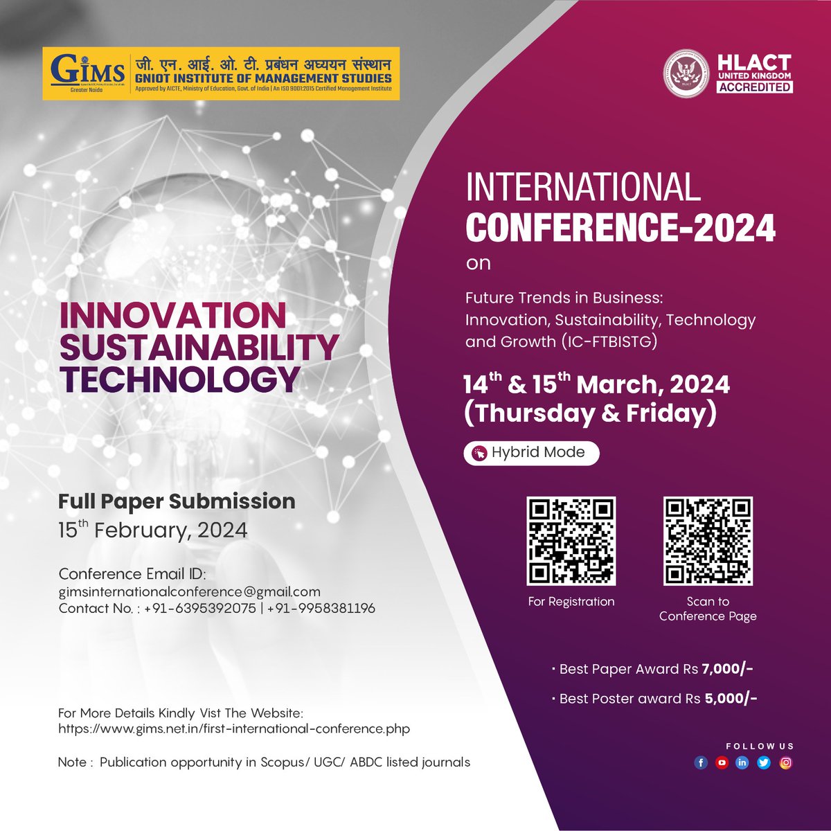 GIMS, Greater Noida hosts a two-day international conference on innovation, sustainability, technology, and growth, offering publication opportunities and awards.

#Gims #GreaterNoida #GIMSians #Innovation #Sustainability #Technology #IdeatoExecution #InternationalConference2024