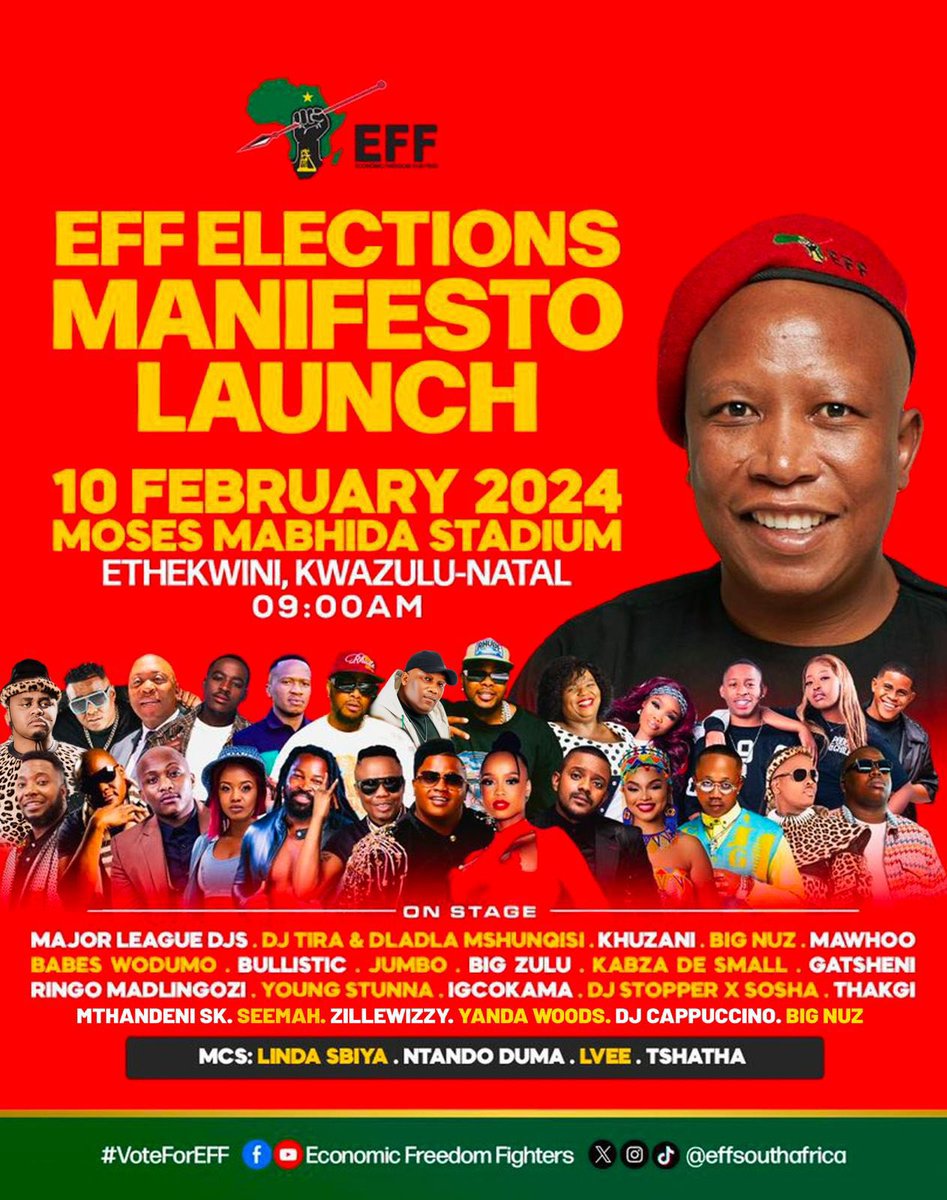EFFSouthAfrica's tweet photo. ♦️2 Days To Go♦️

All roads lead to the #EFFManifestoLaunch on the 10th of February 2024 at Moses Mabhida Stadium.

Check out the lineup, You Don’t Want To Miss It! 😉 

#SiyayaeMosesMabhida https://t.co/MSqeRNdo0W