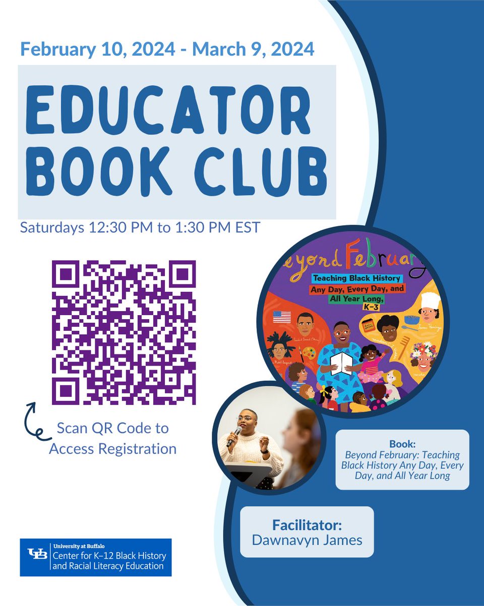 Do you know any elementary educators interested in being in community with other educators teaching Black history? Share this book club opportunity with them! Our first meeting is next Saturday! buffalo.zoom.us/meeting/regist…