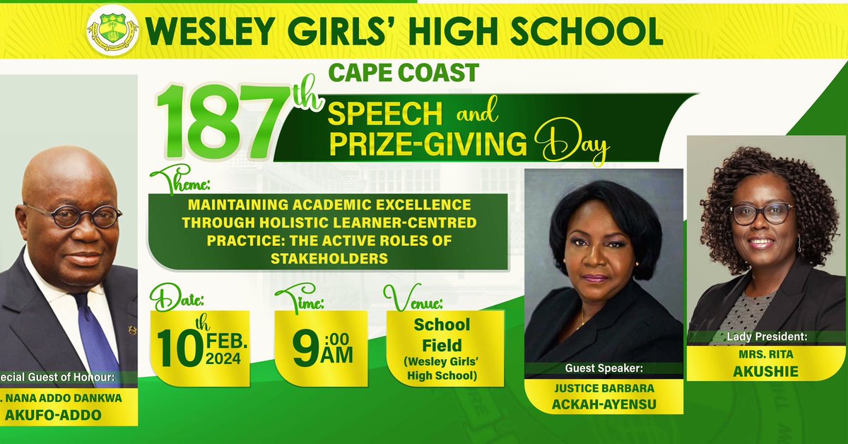 wesleygirlshigh's tweet photo. 187TH ANNIVERSARY 

@nakufoaddo 
@moe.gov.gh 
@gheduservice 
@wesleygirlshigh (also @geyheywebcom on ig)
@wghsoga
@wghs2002_millenniumgirls 
#livepurespeaktruerightwrongandfollowtheking 

https://t.co/P6nkItFcDJ https://t.co/4tMMQCdktv