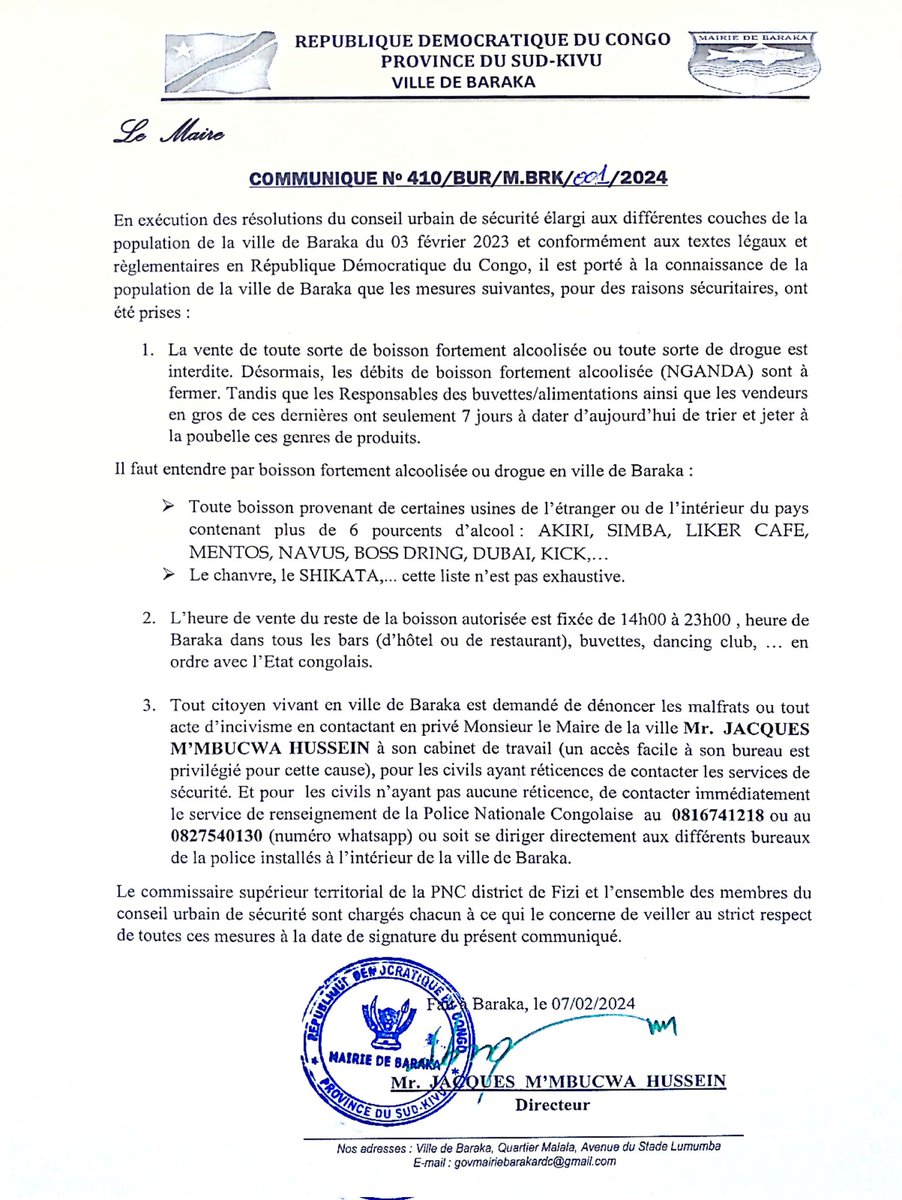 VilleBaraka's tweet photo. Deux communiqués différents de la mairie de Baraka. L'un est relatif à certaines résolutions du conseil de sécurité du 03/02/2024 et l'autre concerne la reévacuation des kiosques et carcasses des véhicules qui envahissent les voies publiques. Bonne lecture et compréhension. https://t.co/mtj3JjChnL