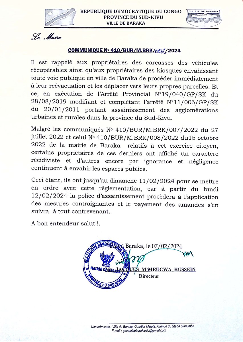 VilleBaraka's tweet photo. Deux communiqués différents de la mairie de Baraka. L'un est relatif à certaines résolutions du conseil de sécurité du 03/02/2024 et l'autre concerne la reévacuation des kiosques et carcasses des véhicules qui envahissent les voies publiques. Bonne lecture et compréhension. https://t.co/mtj3JjChnL