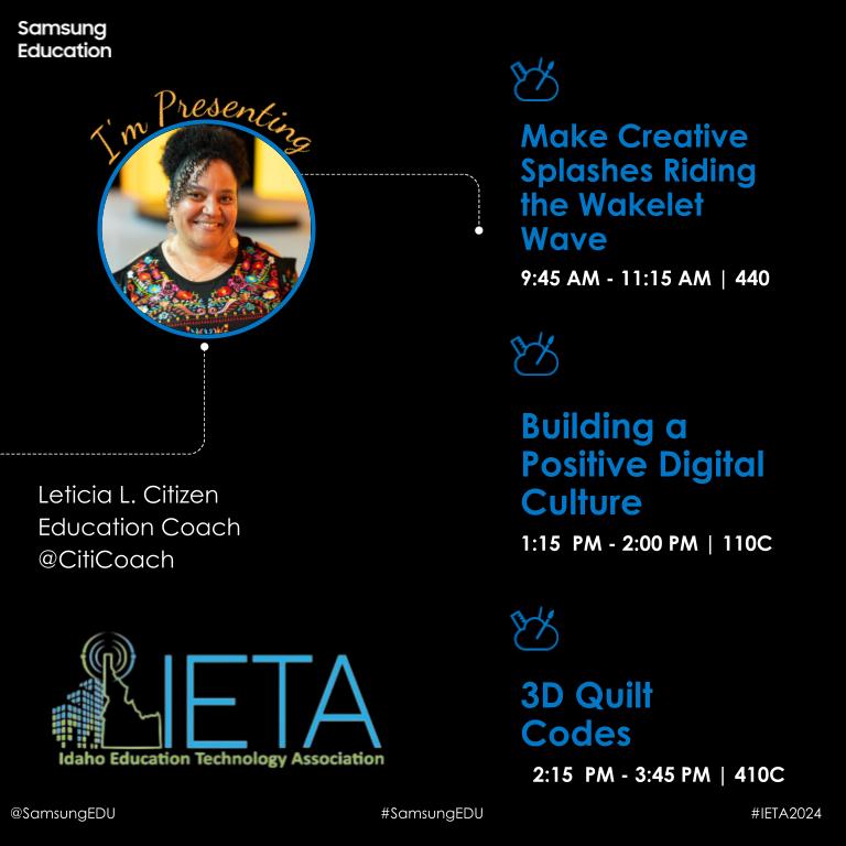 🎉 If you are at #IETA2024, be sure to stop in any or all of my sessions throughout the day. 💡 We'll explore: ❶ Creativity using @wakelet ❷ @CommonSenseEd + @Nearpod = (+) #DigCit ❸ 3D Quilt Codes 📅 Fri, Feb 9 #BoiseIdaho #WakeletWave🌊 @JBDbiz @molapus @SamsungEDU