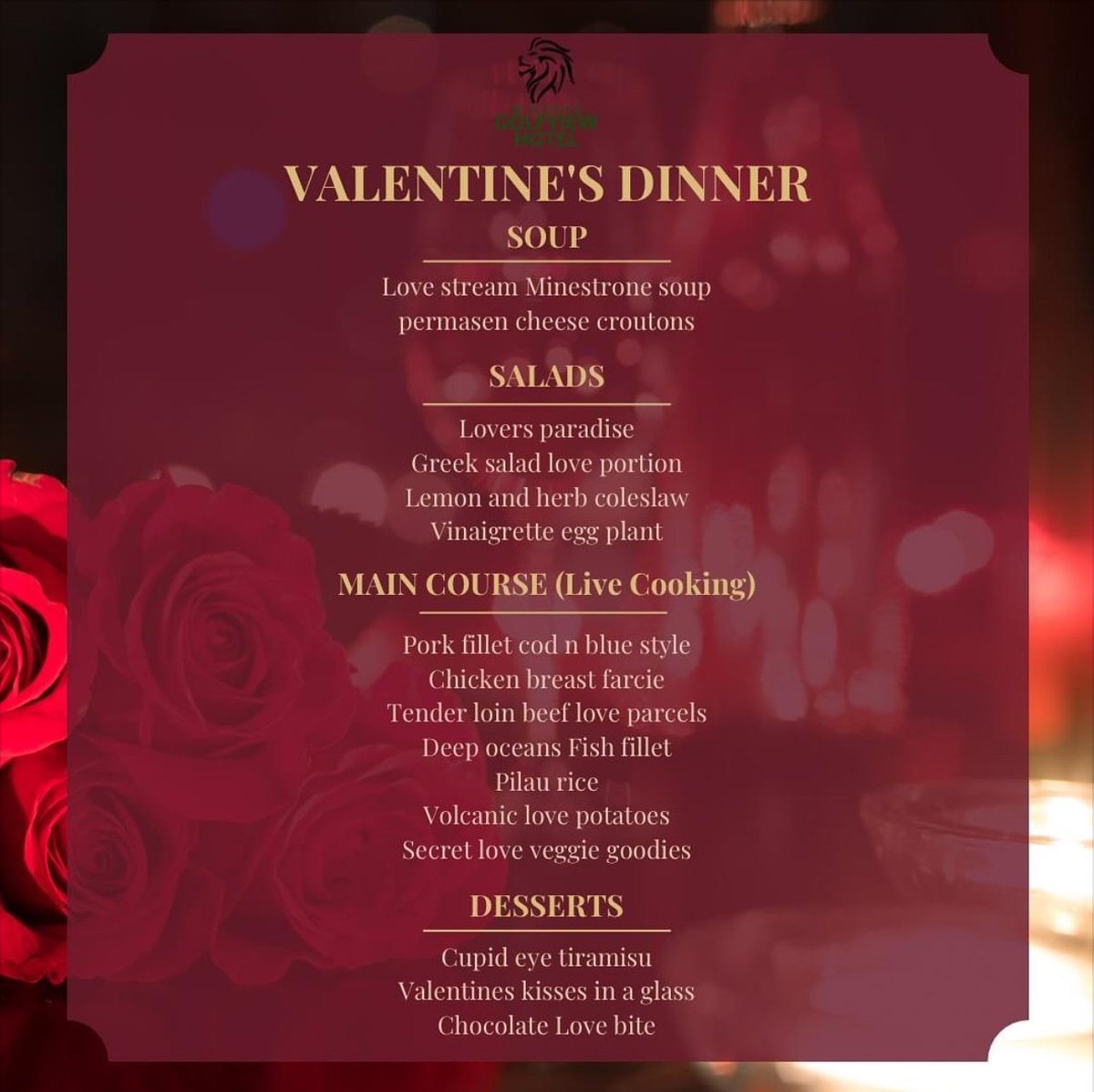 It’s the Month of love ❤️ See our Valentines special Menu and enjoy all the flavors of love M’kango Golfview Hotel has to offer this valentines day❤️ We are located at Plot 10247, Great East Road. Munali. Lusaka, Zambia. Call us on+260979727715 email: res@golfview-hotels.com