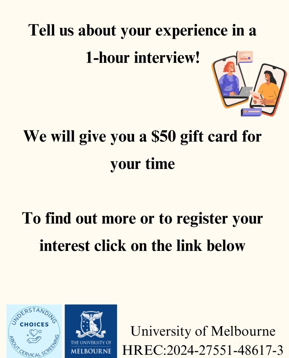 ShakiraOnwuka's tweet image. 📣 Have you had a cervical screening test/ pap smear in the last year? Some of my amazing colleagues at @unimelbMSPGH would love to talk to you.  

🗣 Please also help me spread the word! 

Sign up here: redcap.link/understanding-…