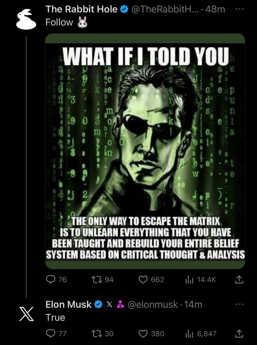 What if I told you The Matrix was famously an anticapitalist protrans allegory with multiple racially diverse characters in a celebration of everything you hate, and you only like it because you’re too dumb to understand anything but the concept of kung fu