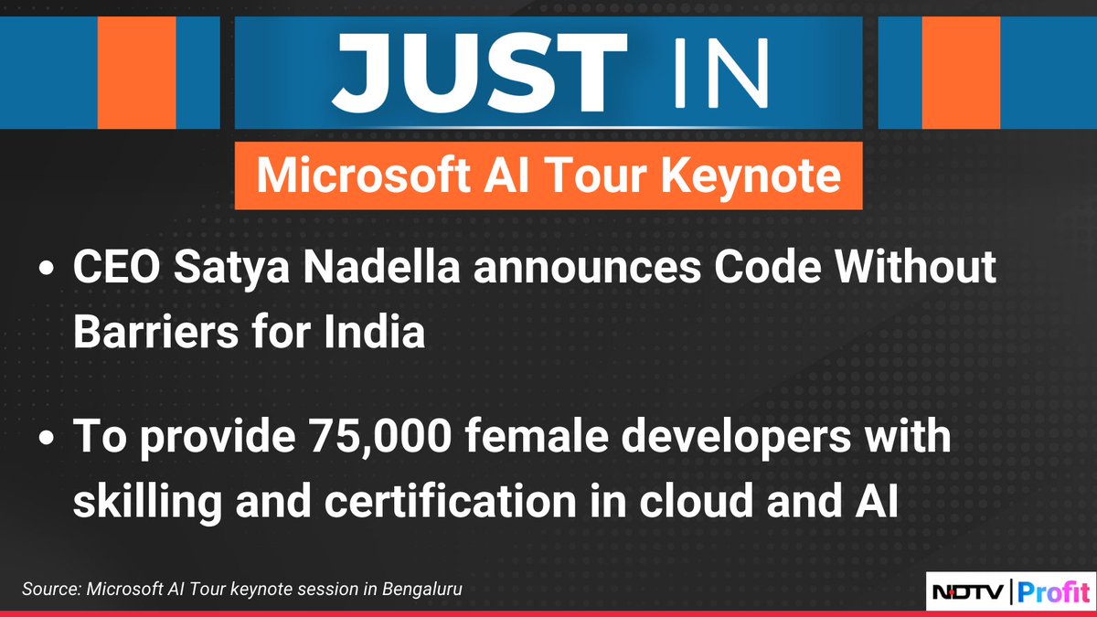 NDTVProfitIndia's tweet image. #Microsoft CEO #SatyaNadella announced #CodeWithoutBarriers for #India. 

For the latest news and updates, visit: ndtvprofit.com