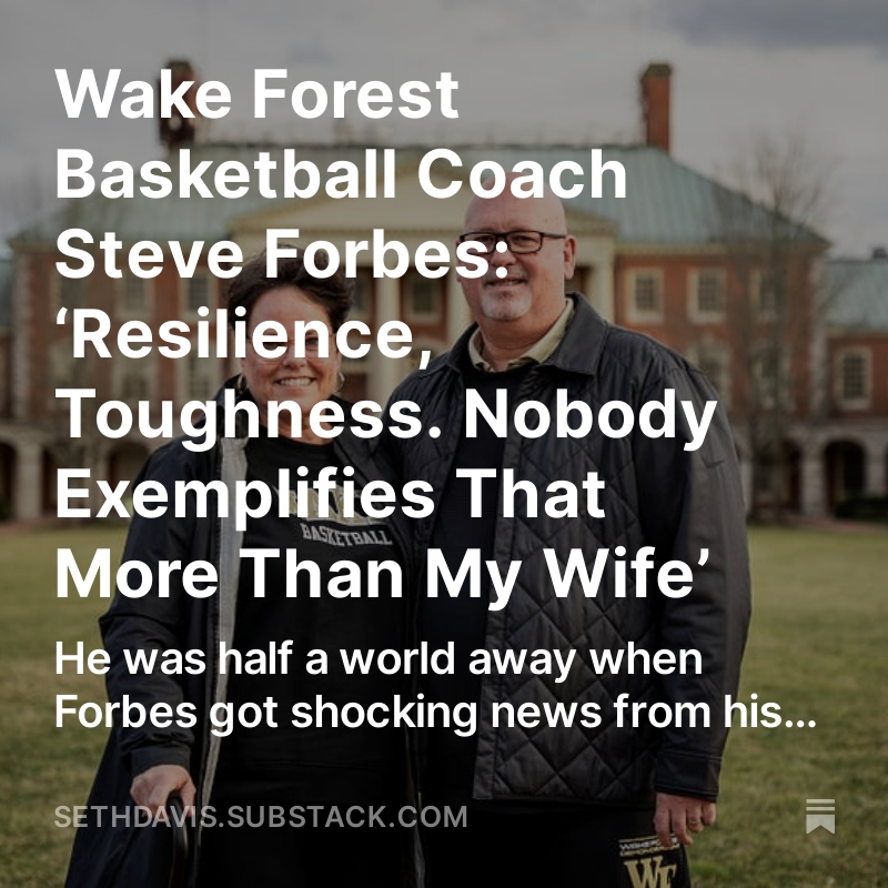 Seth Davis (@sethdavishoops) on Twitter photo Now at Seth Davis Writes Again: The gripping, moving story of <a href="/WakeMBB/">Wake Forest Men's Basketball</a> coach Steve Forbes' wife, Johnetta, and their battle to help her recover from a stroke. This story is FREE, and I hope you will subscribe to the newsletter. Click the link in my bio. Now at Seth Davis Writes Again: The gripping, moving story of <a href="/WakeMBB/">Wake Forest Men's Basketball</a> coach Steve Forbes' wife, Johnetta, and their battle to help her recover from a stroke. This story is FREE, and I hope you will subscribe to the newsletter. Click the link in my bio.
