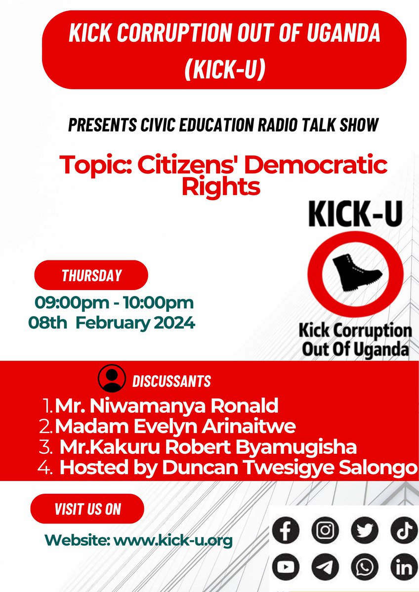 kickuorg's tweet photo. Join @kickuorg tonight on Voice of Kigezi for a Civic Education #RadioTalkShow from 9-10pm. #Topic: Citizens' Democratic Rights. Engage with expert discussants . Hosted by Mr.Duncan Twesigye Salongo. Tune in to empower yourself! #CivicEducation #KICKU #SCENE  #kickcorruptionout https://t.co/sqjqNb4OMZ
