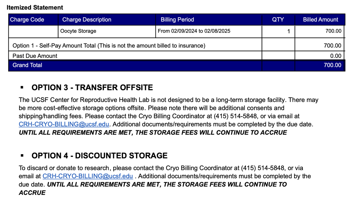 lauren_devos's tweet photo. got my annual “you owe us hundreds of $$$ if you want us to keep your eggs frozen” notice from UCSF. Egg storage is basically an inelastic service
- 2022 fee: $560
- 2024 fee: $700 wtf
- 2025 fee when their billing dept reads this: my car (1/3) https://t.co/yWmMVCca05