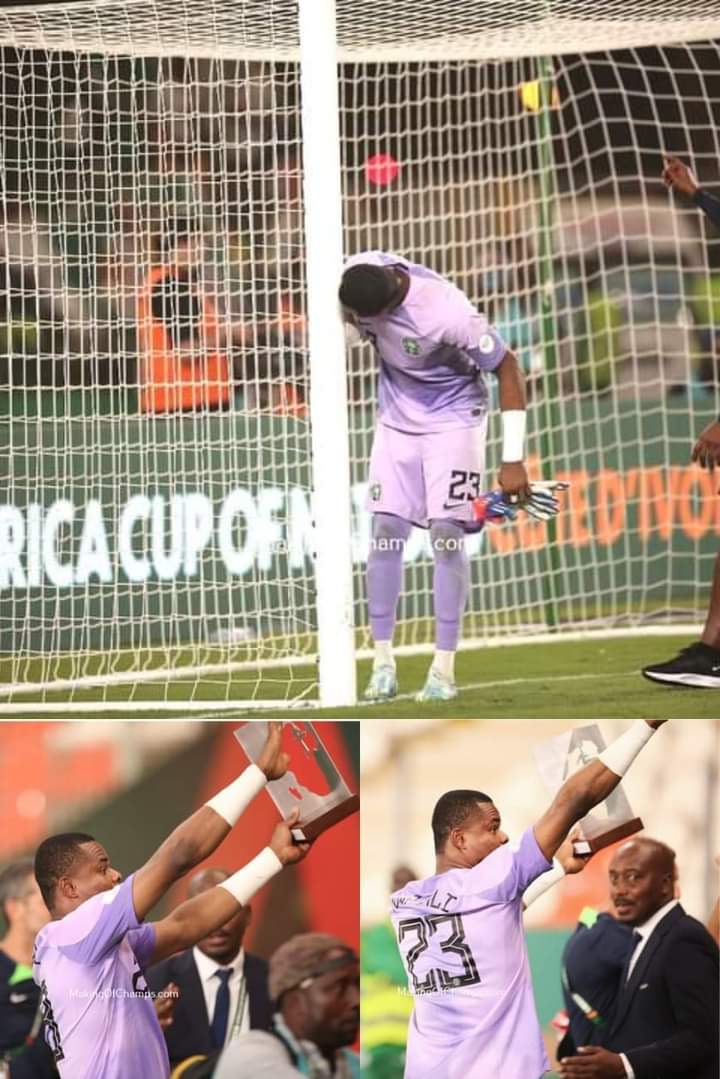 Patrickfater11's tweet photo. Stanley Nwabali kisses the post after saving two penalty kicks to help Nigeria qualify for the final of the #AFCON2023    tournament. 

He was the last person to come over to the fans because he was receiving his man-of-the-match award and had to come over to the supporters https://t.co/cp4CMLUsTy