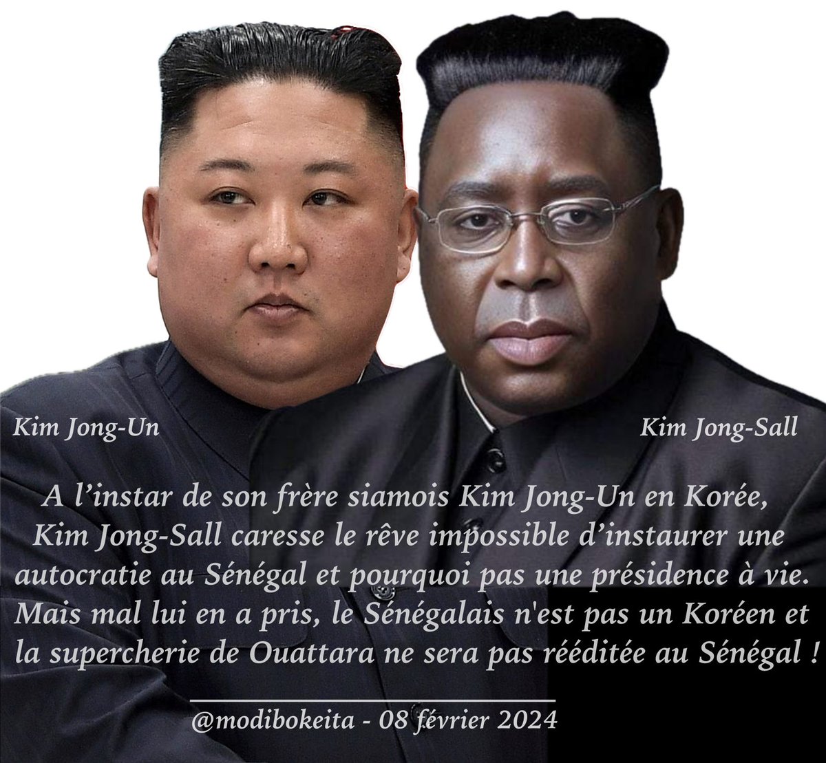 Kim Jong-Un et Kim Jong-Sall sont plus ressemblants qu'il n'y paraît : ils sont frères siamois !
#FreeSenegal #SenegalVote #Senegal #AES #Sonko <a href="/SonkoOfficiel/">Ousmane Sonko</a> <a href="/GuyMariusSagna/">Guy Marius SAGNA</a> <a href="/BarthelemyDias1/">Barthélémy Dias</a>
