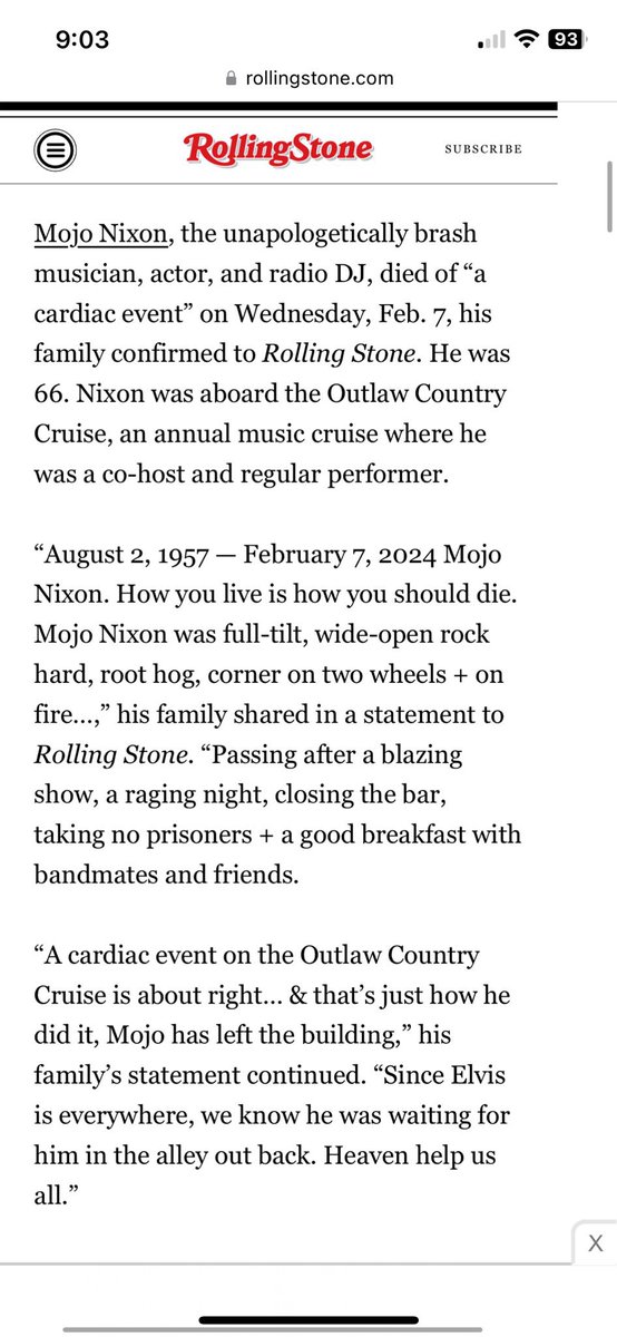 Bummed to hear of the passing of the great Mojo Nixon. Went out with a bang on the Outlaw Country Cruise after playing a show and closing down the bar with his friends. Perfect.

Condolences to Debbie Gibson and their two-headed love child.