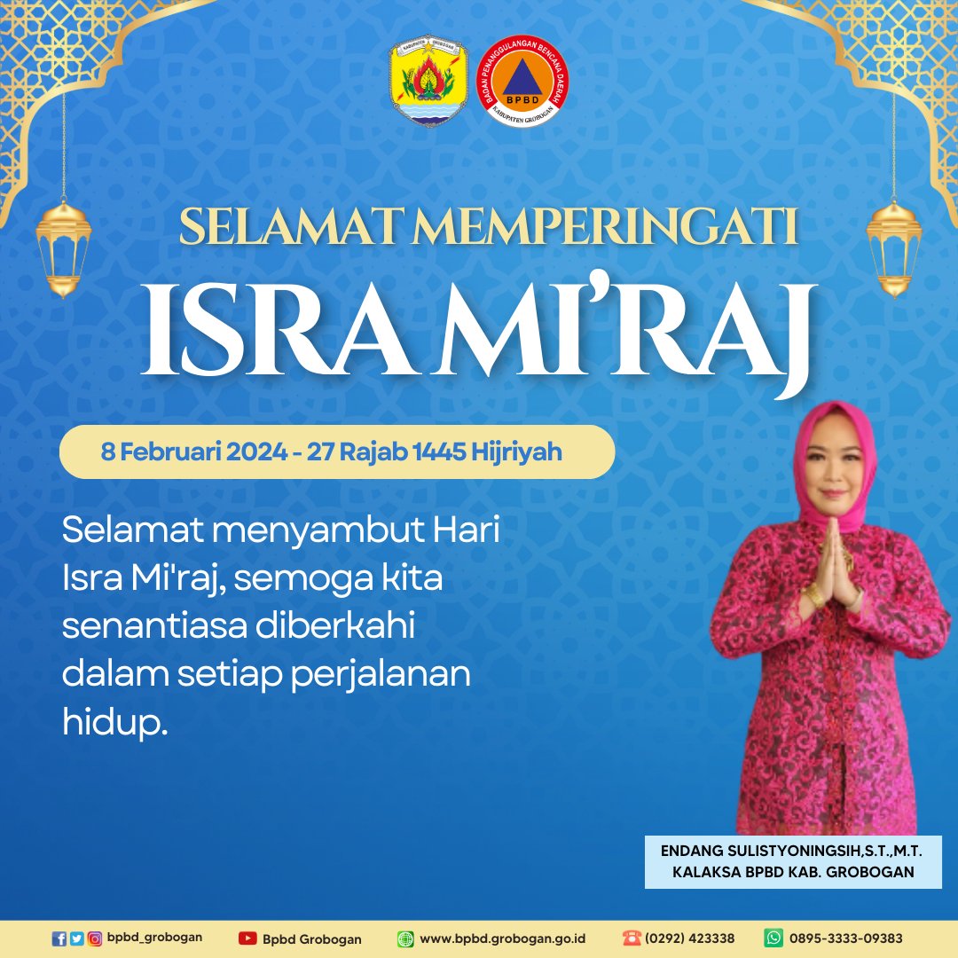 Selamat memperingati Isra Miraj. Semoga syafa'at Rasulullah SAW selalu menyertai perjalanan hidup kita di dunia. Aamiin Ya Rabbal Alamiin.
8 Februari 2024

#bpbdgrobogan 
#peringatanisramiraj 
#groboganhebat