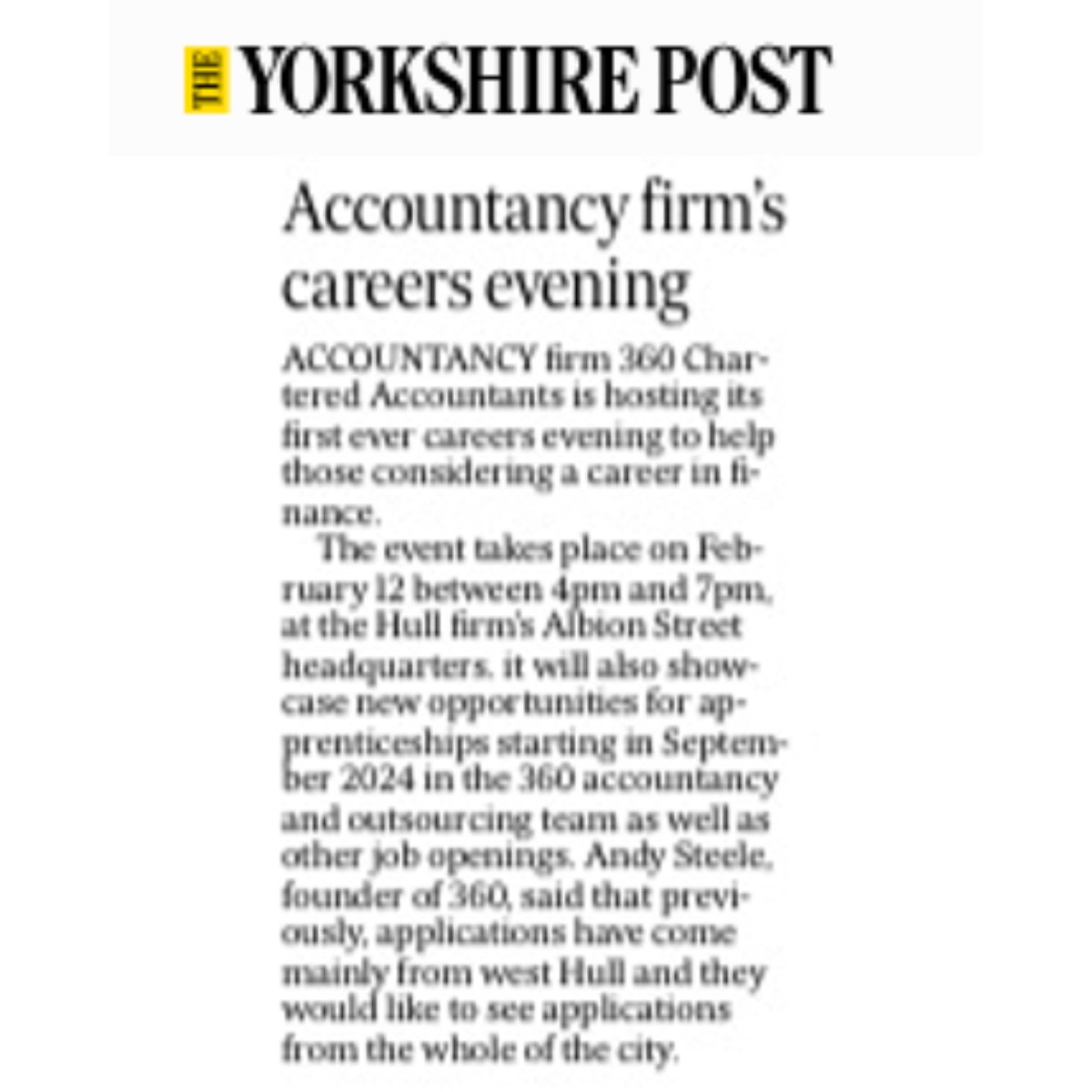 fionadwyerpr's tweet image. Want an #apprenticeship/#traineeship/#career guidance (maybe you're looking at changing your career), there are still a few places left @360accountants careers evening in #Hull city centre Feb 12th 4-7pm Email events@360accountants.co.uk
Thanks to @yorkshirepost for featuring.