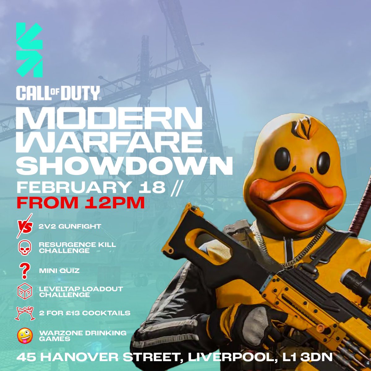 LevelTapLPL's tweet image. Modern Warfare Showdown 🔫💥

Sunday 18th Feb // all day 😍

🔫 2v2 gunfight tournament - £50 winners take all (2pm)

☠️ Resurgence kill challenge - £50 @LevelTapLPL voucher (all day)

🧠 Mini Quiz - choice of drink for winners (4pm)

+ More!!

Book here leveltap.co.uk/event/sunday-s…